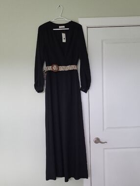 Long Black Women's Pant Suit with Woven Belt